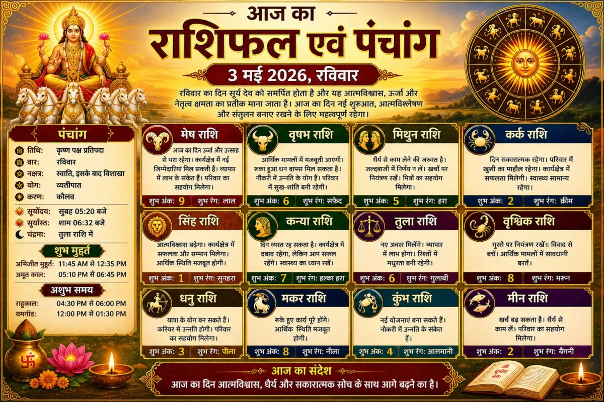 आज का राशिफल एवं पंचांग (3 मई 2026, रविवार) 1 आज का राशिफल एवं पंचांग (3 मई 2026, रविवार)