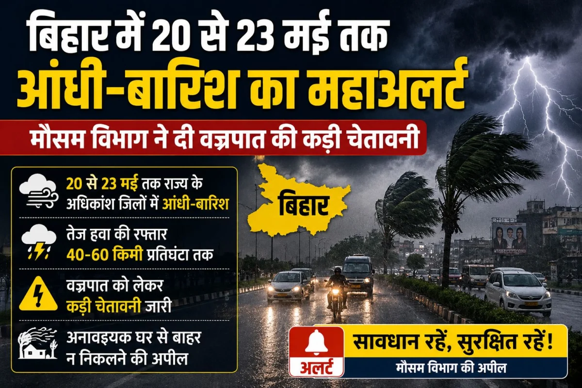 ​बिहार में 20 से 23 मई तक आंधी-बारिश का महाअलर्ट, मौसम विभाग ने दी वज्रपात की कड़ी चेतावनी