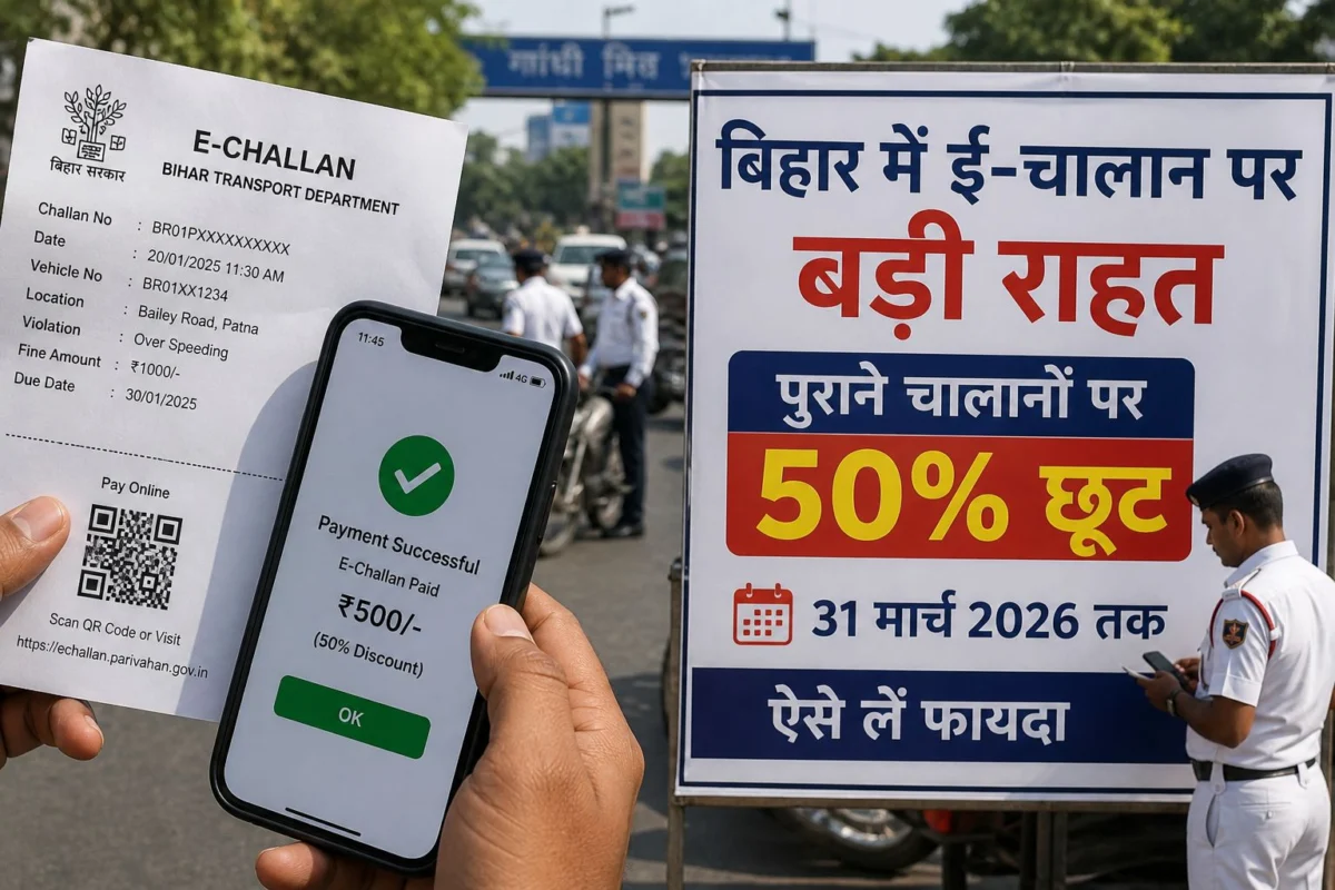 बिहार में ई-चालान पर बड़ी राहत: पुराने चालानों पर 50% तक छूट, 31 मार्च 2026 तक उठाएं फायदा