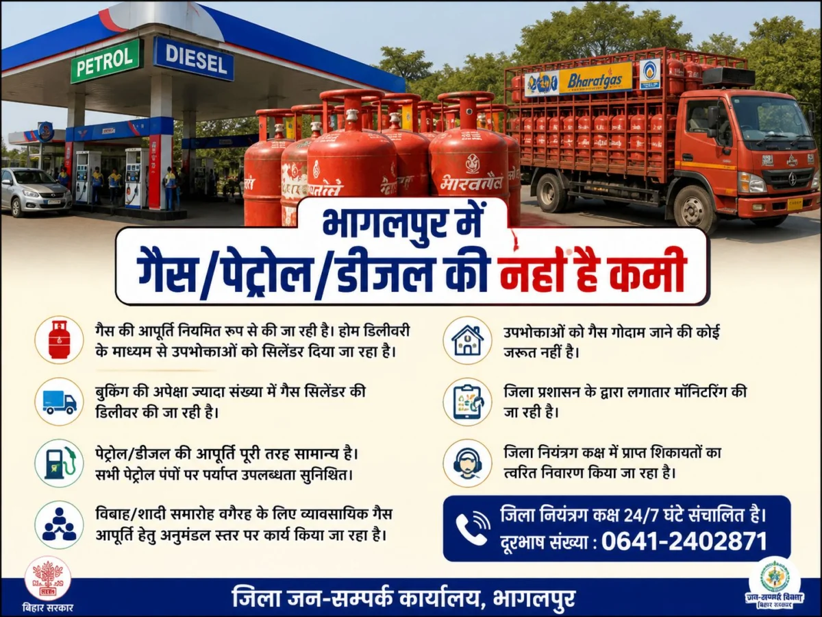 भागलपुर में गैस, पेट्रोल और डीजल की आपूर्ति पूरी तरह सामान्य, अफवाहों से बचने की अपील 1 भागलपुर में गैस, पेट्रोल और डीजल की आपूर्ति पूरी तरह सामान्य, अफवाहों से बचने की अपील