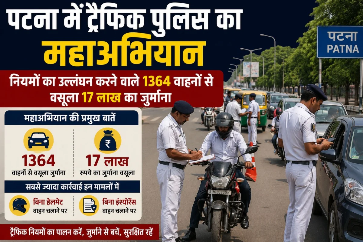 पटना में ट्रैफिक पुलिस का महाअभियान: नियमों का उल्लंघन करने वाले 1364 वाहनों से वसूला 17 लाख का जुर्माना, बिना हेलमेट और इंश्योरेंस वाले सबसे ज्यादा नपे 1 पटना में ट्रैफिक पुलिस का महाअभियान: नियमों का उल्लंघन करने वाले 1364 वाहनों से वसूला 17 लाख का जुर्माना, बिना हेलमेट और इंश्योरेंस वाले सबसे ज्यादा नपे