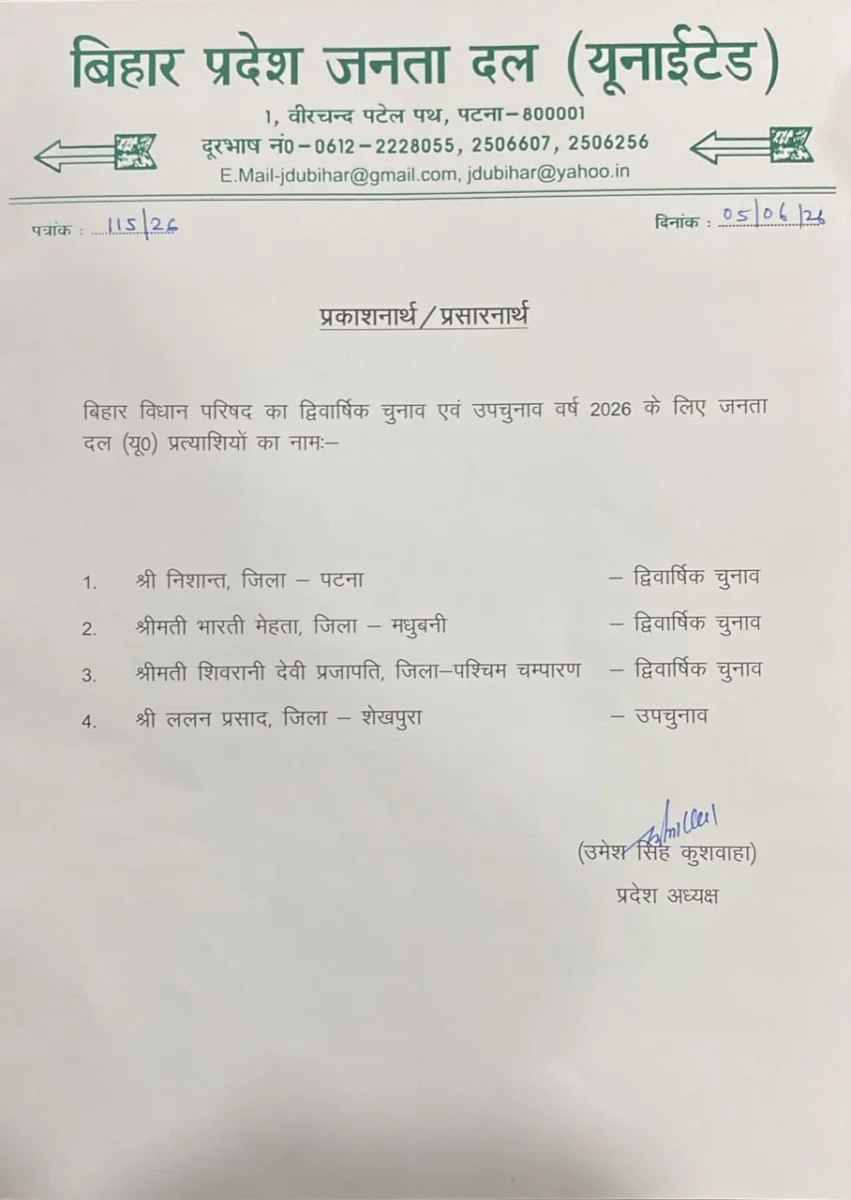 JDU ने विधान परिषद चुनाव के लिए 4 उम्मीदवारों का किया ऐलान, सामाजिक समीकरण और महिला प्रतिनिधित्व पर दिखा खास जोर