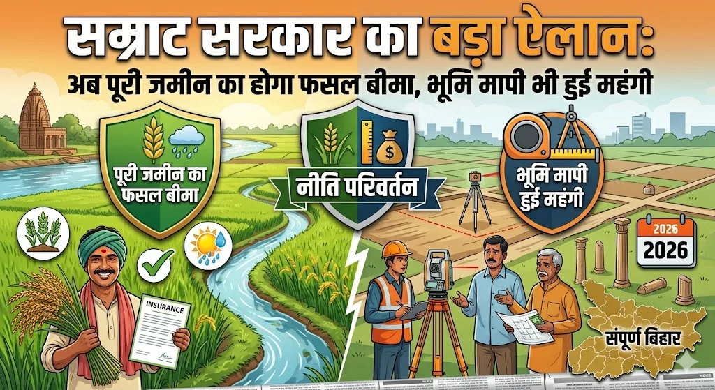 बिहार कैबिनेट का बड़ा फैसला: किसानों को मिलेगा PM फसल बीमा का लाभ, राज्य फसल सहायता योजना खत्म; भूमि मापी शुल्क भी दोगुना 1 बिहार कैबिनेट का बड़ा फैसला: किसानों को मिलेगा PM फसल बीमा का लाभ, राज्य फसल सहायता योजना खत्म; भूमि मापी शुल्क भी दोगुना