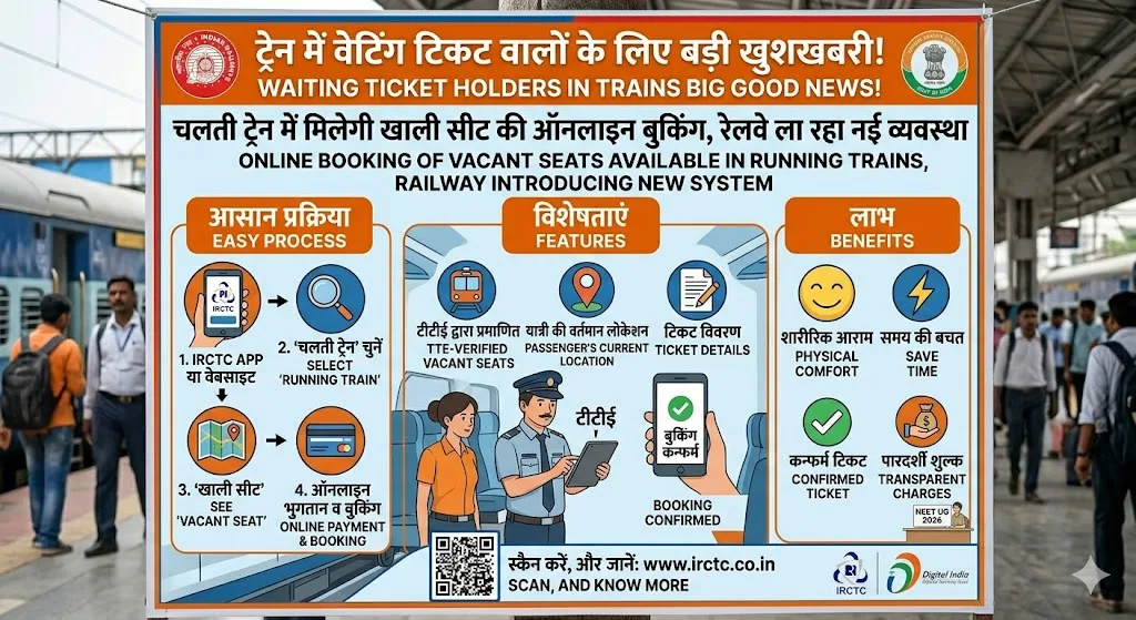 ट्रेन में वेटिंग टिकट वालों के लिए बड़ी खुशखबरी! चलती ट्रेन में मिलेगी खाली सीट की ऑनलाइन बुकिंग, रेलवे ला रहा नई व्यवस्था