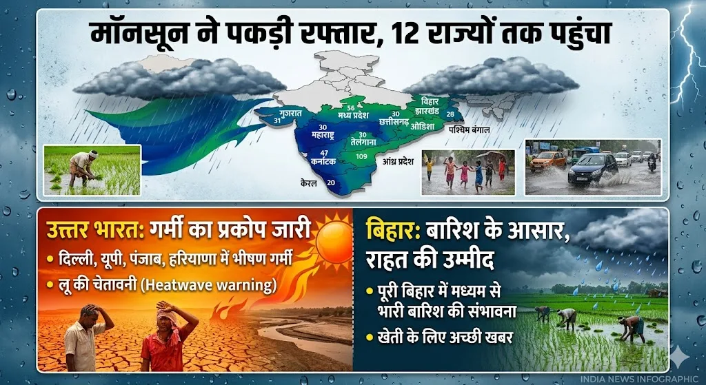 मॉनसून ने पकड़ी रफ्तार, 12 राज्यों तक पहुंचा; बिहार समेत कई राज्यों में बारिश के आसार, उत्तर भारत में अभी जारी रहेगी गर्मी