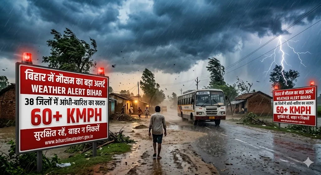 बिहार में मौसम का बड़ा अलर्ट: 38 जिलों में आंधी-बारिश का खतरा, 60 KMPH की रफ्तार से चलेंगी हवाएं