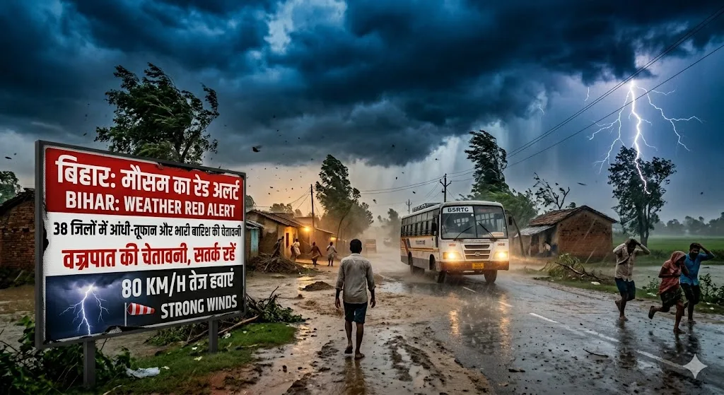 बिहार में मौसम का रेड अलर्ट जैसा असर! 38 जिलों में आंधी-तूफान, भारी बारिश और वज्रपात की चेतावनी, 80 KM/H तक चलेगी हवा