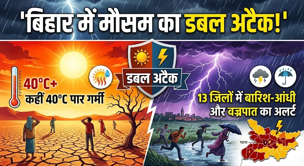 बिहार में मौसम का डबल अटैक! कहीं 40°C पार गर्मी, तो 13 जिलों में बारिश-आंधी और वज्रपात का अलर्ट 1 बिहार में मौसम का डबल अटैक! कहीं 40°C पार गर्मी, तो 13 जिलों में बारिश-आंधी और वज्रपात का अलर्ट