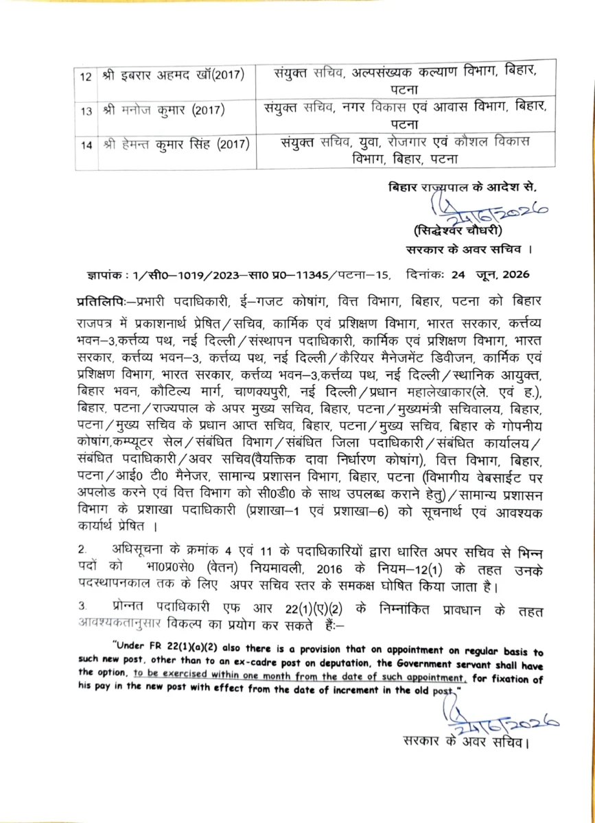बिहार में 14 नए IAS अधिकारियों को मिली बड़ी जिम्मेदारी, स्वास्थ्य से लेकर शिक्षा और वित्त विभाग तक हुए पदस्थापन 3 बिहार में 14 नए IAS अधिकारियों को मिली बड़ी जिम्मेदारी, स्वास्थ्य से लेकर शिक्षा और वित्त विभाग तक हुए पदस्थापन