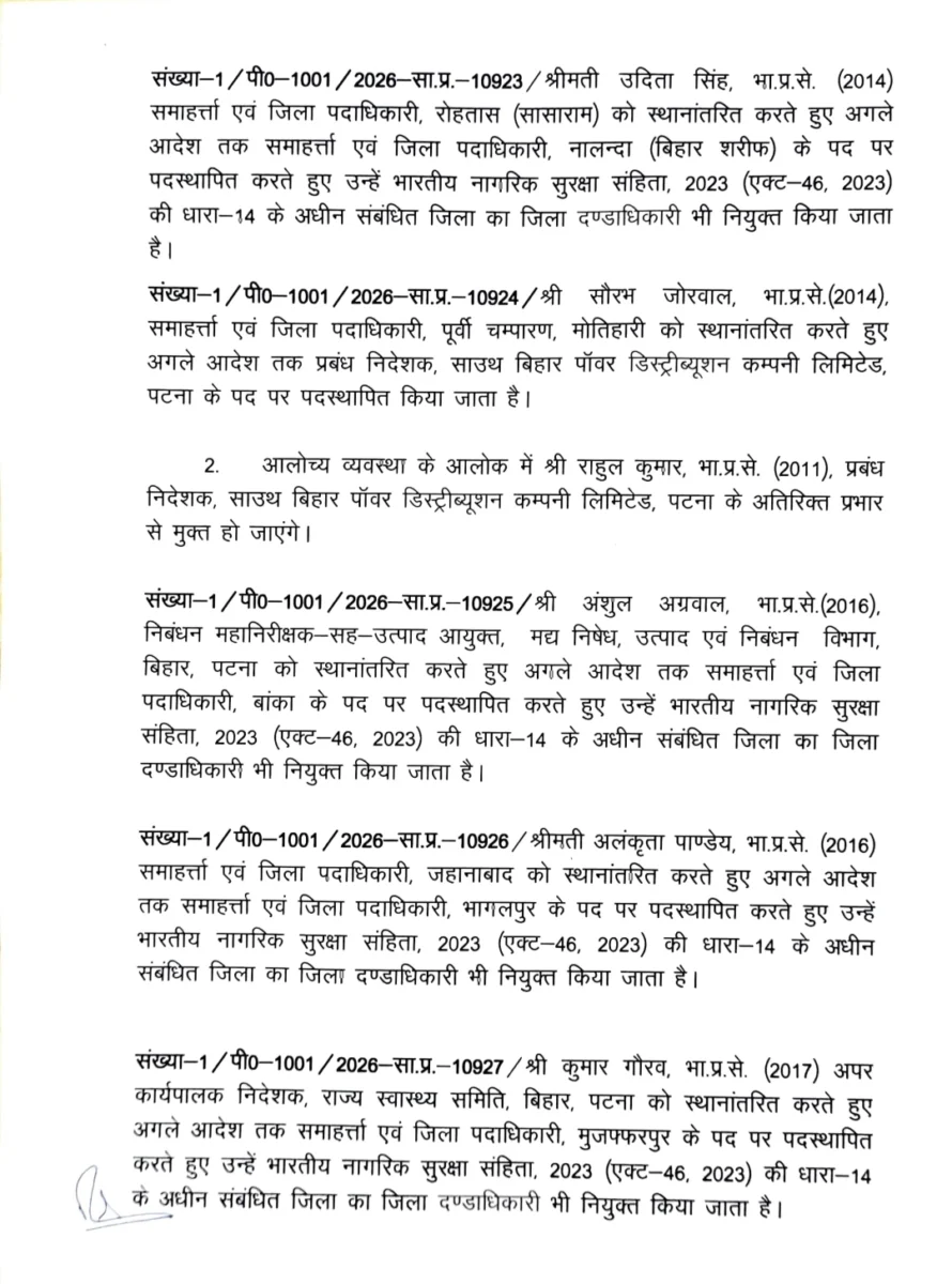 बिहार में बड़ा प्रशासनिक फेरबदल, पटना-भागलपुर समेत कई जिलों के DM बदले