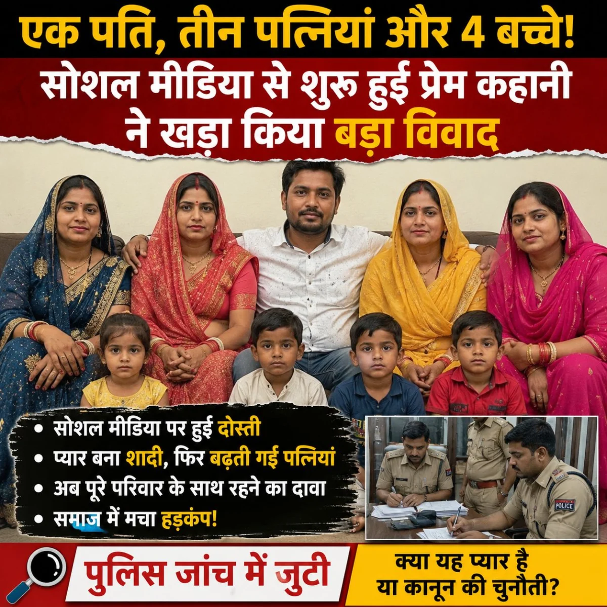 एक पति, तीन पत्नियां और 4 बच्चे! सोशल मीडिया से शुरू हुई प्रेम कहानी ने खड़ा किया बड़ा विवाद, पुलिस जांच में जुटी 1 एक पति, तीन पत्नियां और 4 बच्चे! सोशल मीडिया से शुरू हुई प्रेम कहानी ने खड़ा किया बड़ा विवाद, पुलिस जांच में जुटी