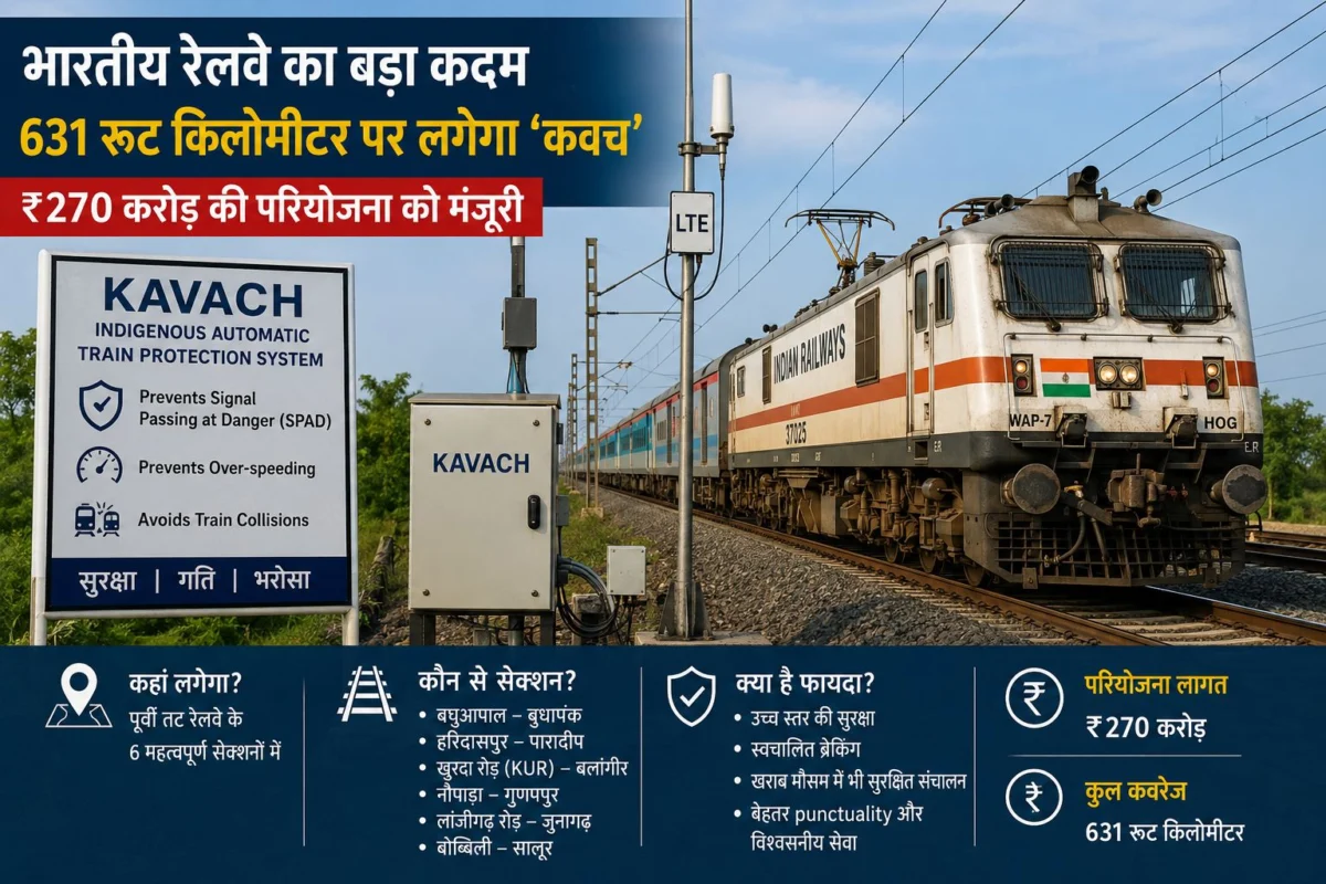 भारतीय रेलवे का बड़ा फैसला: 631 रूट किलोमीटर पर लगेगा ‘कवच’, ₹270 करोड़ की परियोजना को मंजूरी