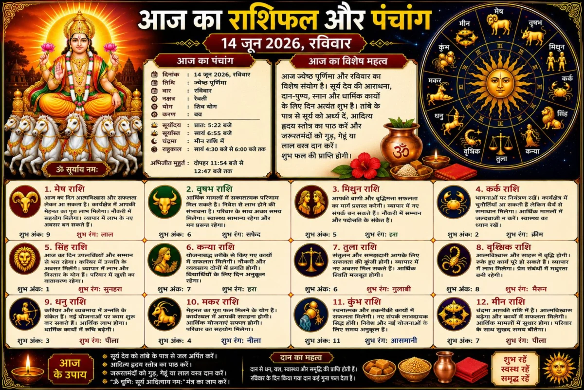 आज का राशिफल और पंचांग: 14 जून 2026 का दिन किन राशियों के लिए रहेगा शुभ, जानें सभी 12 राशियों का विस्तृत भविष्यफल