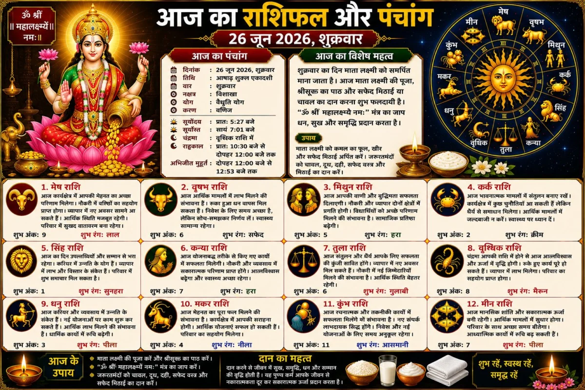 आज का राशिफल और पंचांग: 26 जून 2026 का दिन किन राशियों के लिए रहेगा लाभकारी, जानें सभी 12 राशियों का विस्तृत भविष्यफल