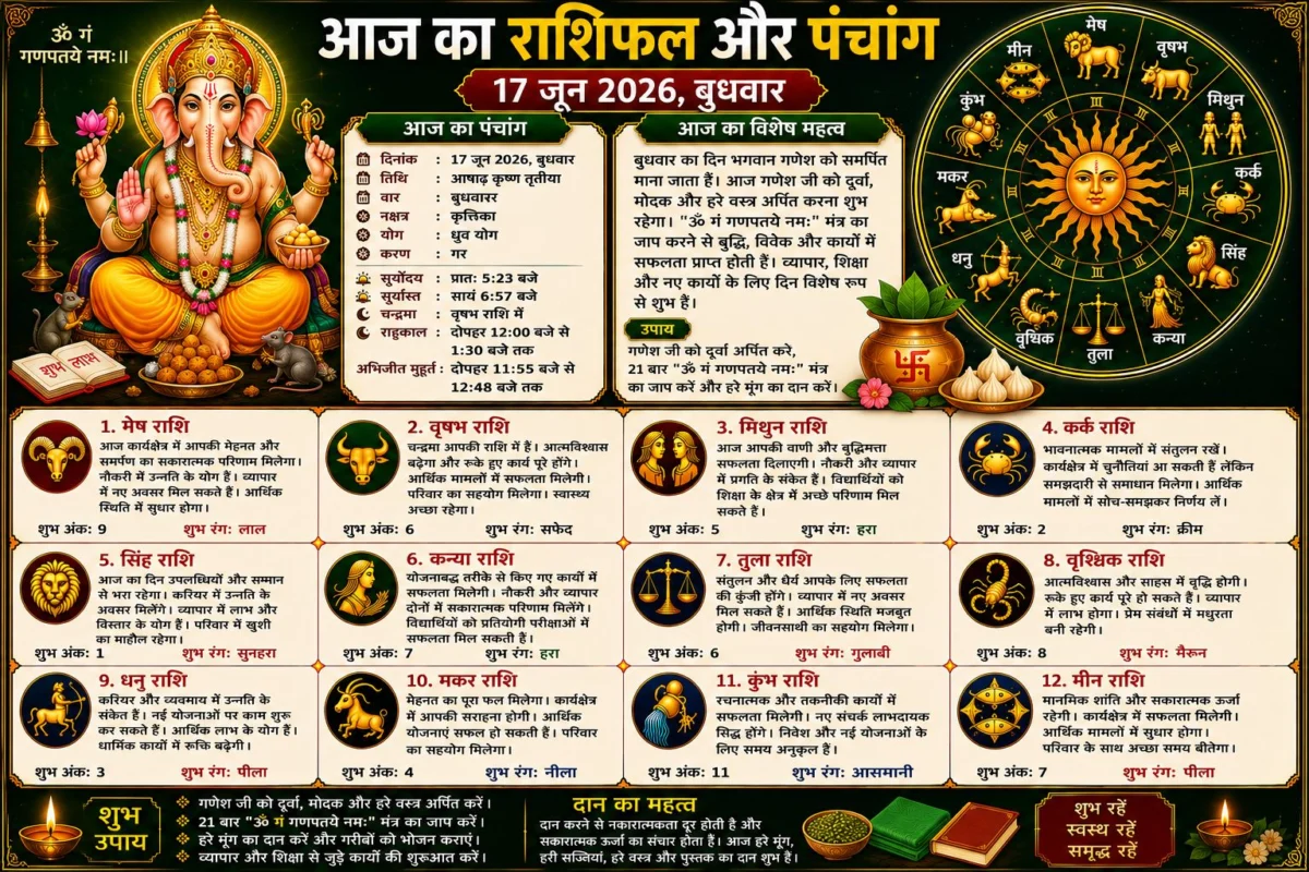 आज का राशिफल और पंचांग: 17 जून 2026 का दिन किन राशियों के लिए रहेगा शुभ, जानें सभी 12 राशियों का विस्तृत भविष्यफल 1 आज का राशिफल और पंचांग: 17 जून 2026 का दिन किन राशियों के लिए रहेगा शुभ, जानें सभी 12 राशियों का विस्तृत भविष्यफल