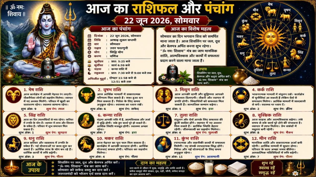आज का राशिफल और पंचांग: 22 जून 2026 का दिन किन राशियों के लिए रहेगा शुभ, जानें सभी 12 राशियों का विस्तृत भविष्यफल