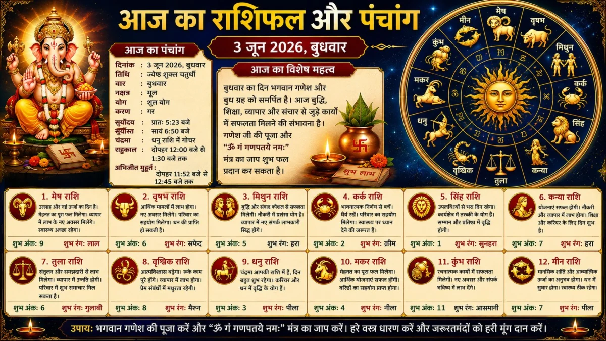 आज का राशिफल और पंचांग: 3 जून 2026 का दिन किसके लिए रहेगा शुभ, जानें सभी 12 राशियों का विस्तृत भविष्यफल