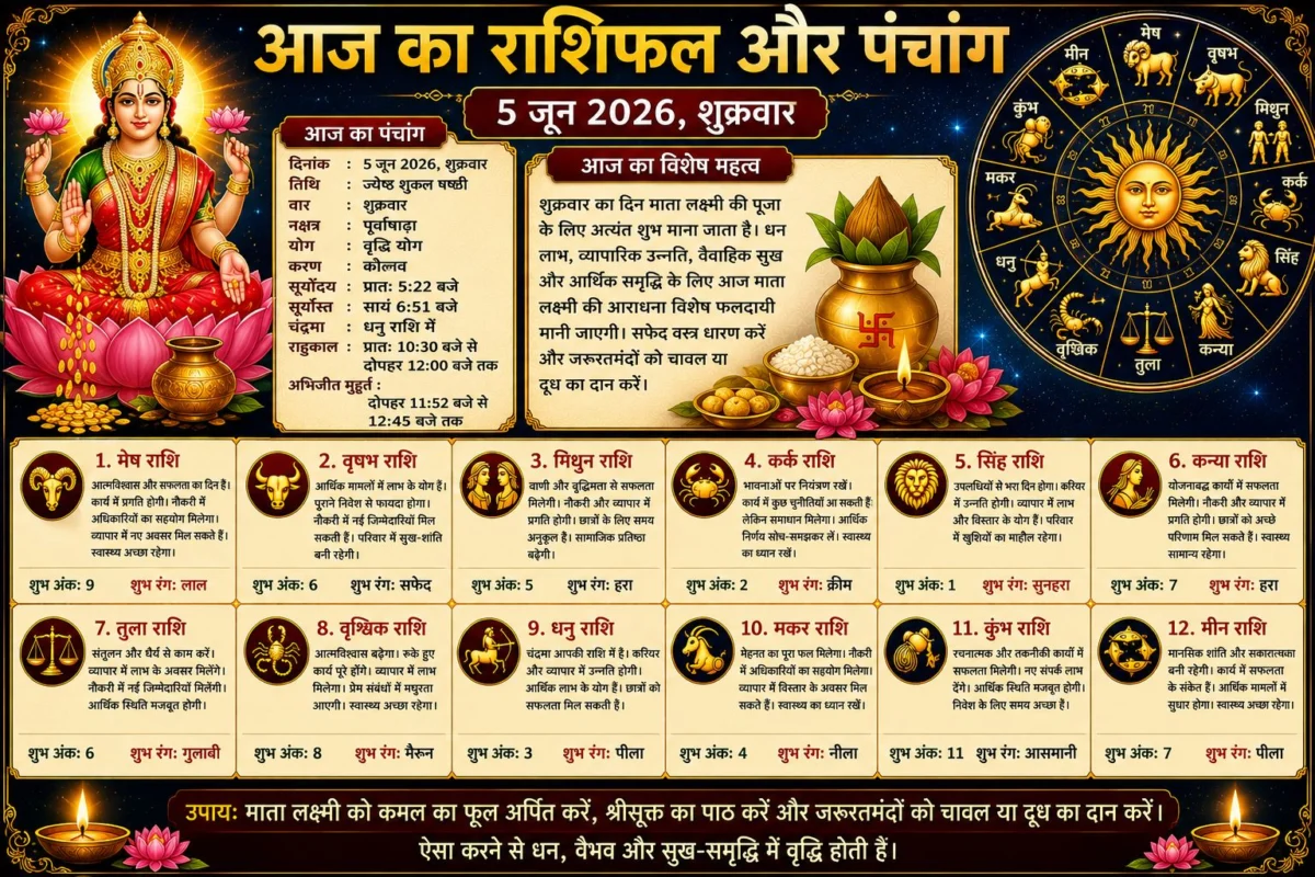 आज का राशिफल और पंचांग: 5 जून 2026 का दिन किस राशि के लिए रहेगा भाग्यशाली, जानें सभी 12 राशियों का विस्तृत भविष्यफल