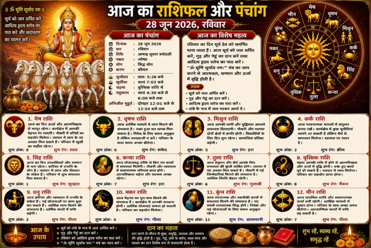 आज का राशिफल और पंचांग: 28 जून 2026 का दिन किन राशियों के लिए रहेगा शुभ, जानें सभी 12 राशियों का विस्तृत भविष्यफल