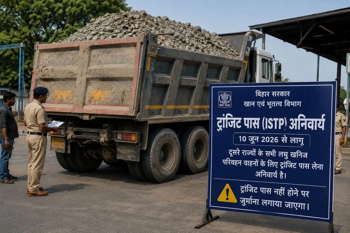 बिहार में खनिज परिवहन के नियमों में बड़ा बदलाव, 10 जून से ट्रांजिट पास अनिवार्य; उल्लंघन पर लगेगा भारी जुर्माना 1 बिहार में खनिज परिवहन के नियमों में बड़ा बदलाव, 10 जून से ट्रांजिट पास अनिवार्य; उल्लंघन पर लगेगा भारी जुर्माना