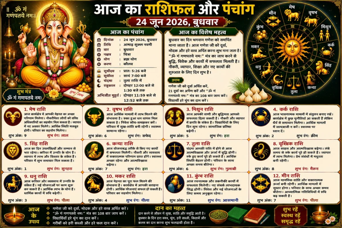 आज का राशिफल और पंचांग: 24 जून 2026 का दिन किन राशियों के लिए रहेगा शुभ, जानें सभी 12 राशियों का विस्तृत भविष्यफल