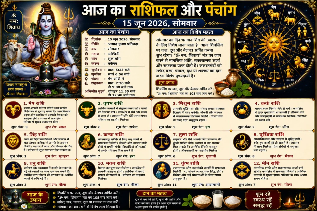 आज का राशिफल और पंचांग: 15 जून 2026 का दिन किन राशियों के लिए रहेगा भाग्यशाली, जानें सभी 12 राशियों का विस्तृत भविष्यफल