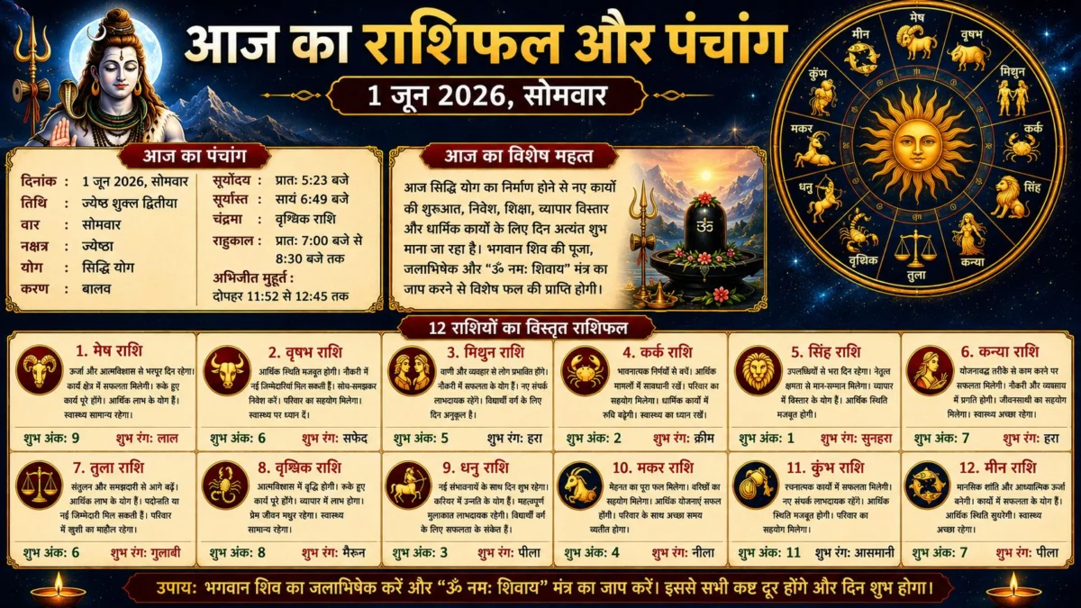आज का राशिफल और पंचांग: जानें 1 जून 2026 का दिन आपके लिए कितना रहेगा शुभ, पढ़ें सभी 12 राशियों का विस्तृत भविष्यफल