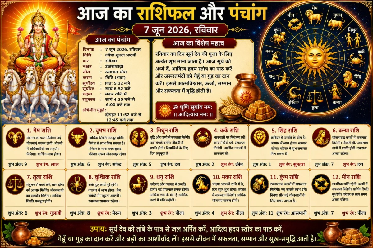 आज का राशिफल और पंचांग: 7 जून 2026 का दिन किन राशियों के लिए रहेगा लाभदायक, जानें सभी 12 राशियों का विस्तृत भविष्यफल 1 आज का राशिफल और पंचांग: 7 जून 2026 का दिन किन राशियों के लिए रहेगा लाभदायक, जानें सभी 12 राशियों का विस्तृत भविष्यफल