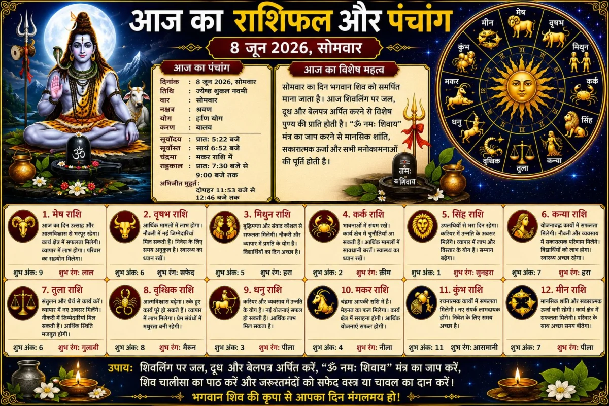आज का राशिफल और पंचांग: 8 जून 2026 का दिन किन राशियों के लिए लेकर आया है खुशखबरी, पढ़ें सभी 12 राशियों का विस्तृत भविष्यफल