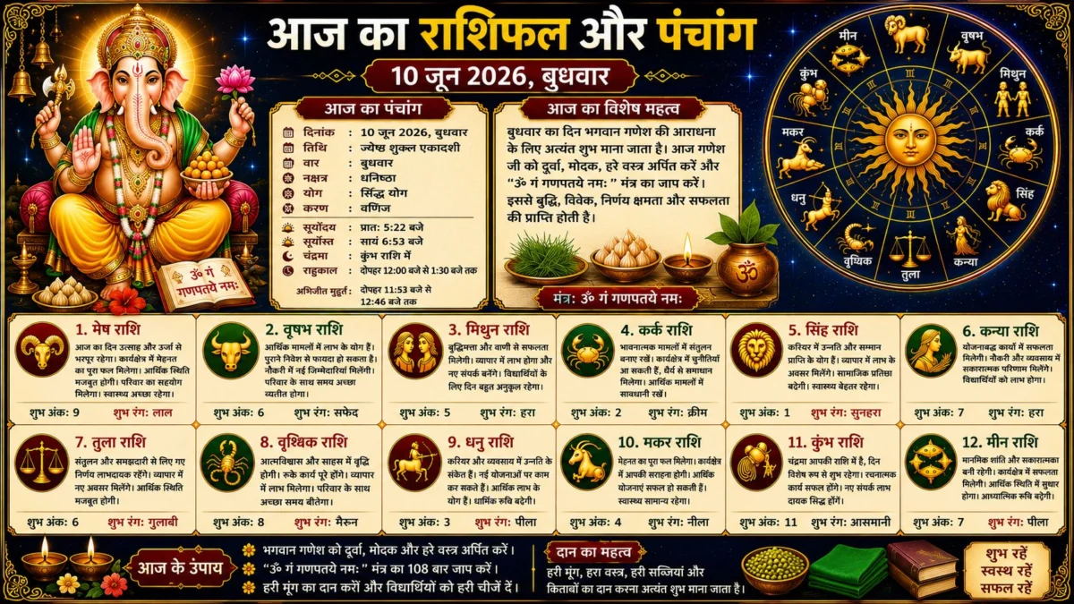 आज का राशिफल और पंचांग: 10 जून 2026 का दिन किस राशि के लिए रहेगा भाग्यशाली, पढ़ें सभी 12 राशियों का विस्तृत भविष्यफल