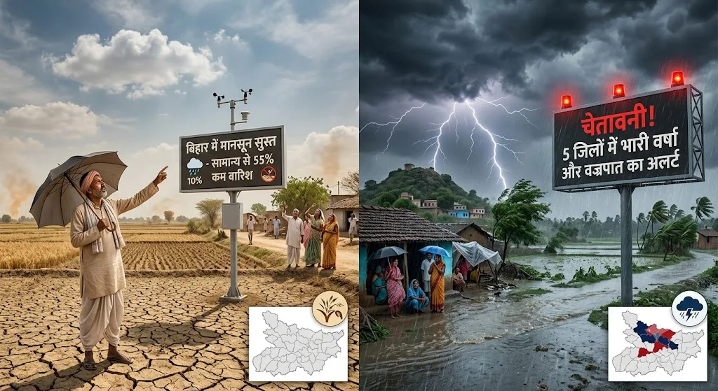 बिहार में मानसून सुस्त, सामान्य से 55% कम बारिश; 5 जिलों में भारी वर्षा और वज्रपात का अलर्ट