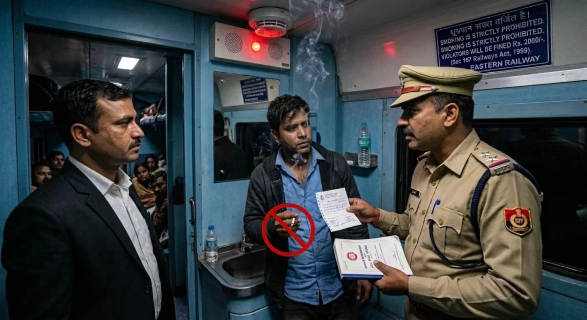 ट्रेन में सिगरेट पीना पड़ सकता है भारी, ₹2,000 तक जुर्माना, यात्रा रद्द और कानूनी कार्रवाई की चेतावनी