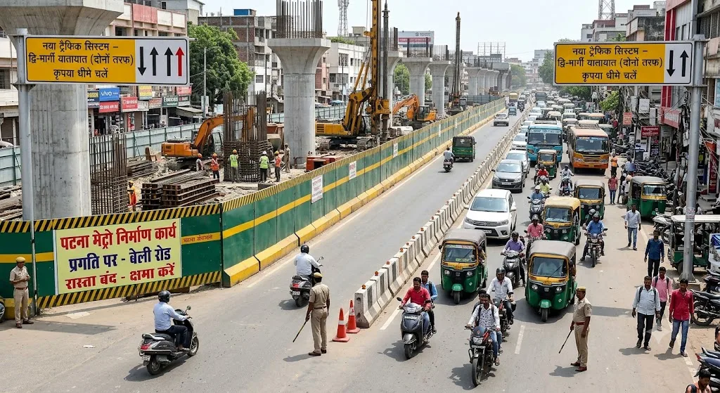 पटना में बेली रोड पर बदलेगा ट्रैफिक सिस्टम: मेट्रो निर्माण के बीच आधी सड़क से चलेगा दोनों तरफ का ट्रैफिक, लागू होगी नई व्यवस्था