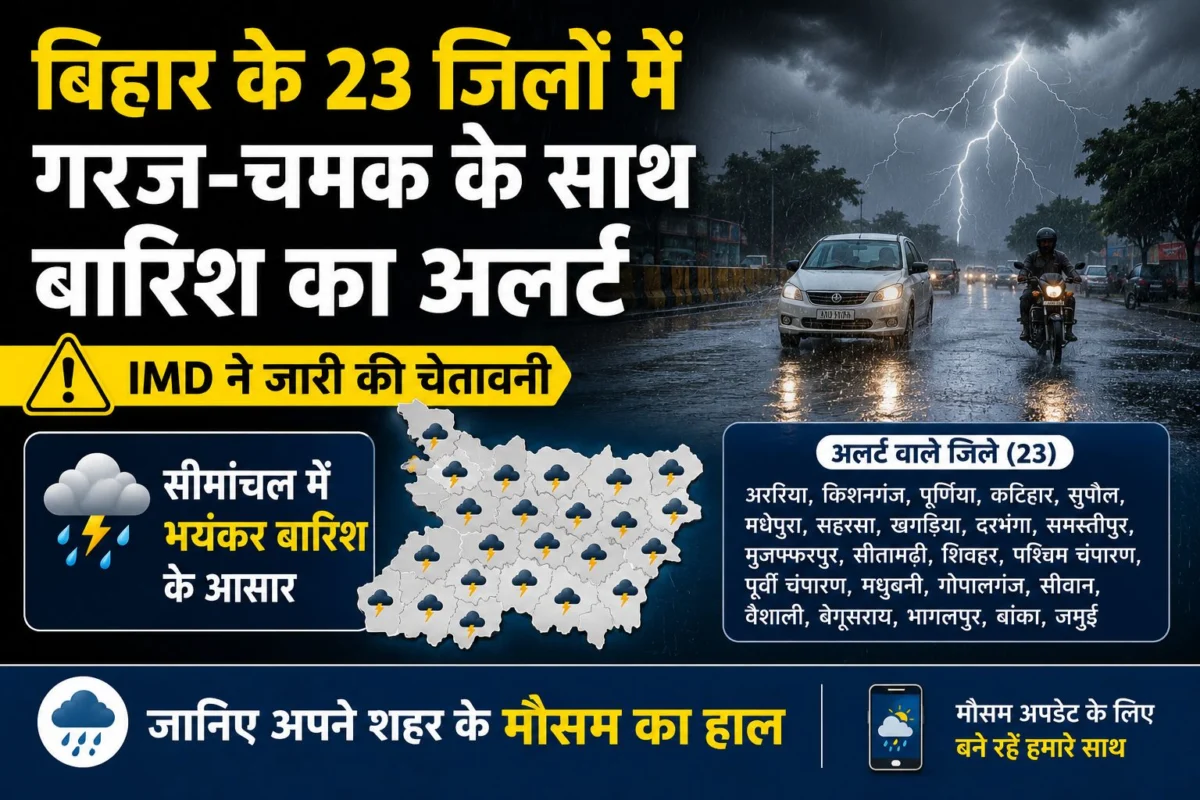बिहार के 23 जिलों में गरज-चमक के साथ बारिश का अलर्ट: IMD ने जारी की चेतावनी, सीमांचल में भयंकर बारिश के आसार; जानिए अपने शहर के मौसम का हाल