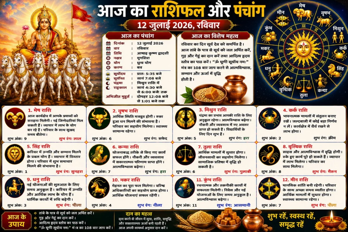 आज का राशिफल और पंचांग: 12 जुलाई 2026, रविवार – जानें सभी 12 राशियों का विस्तृत भविष्यफल, शुभ अंक और शुभ रंग