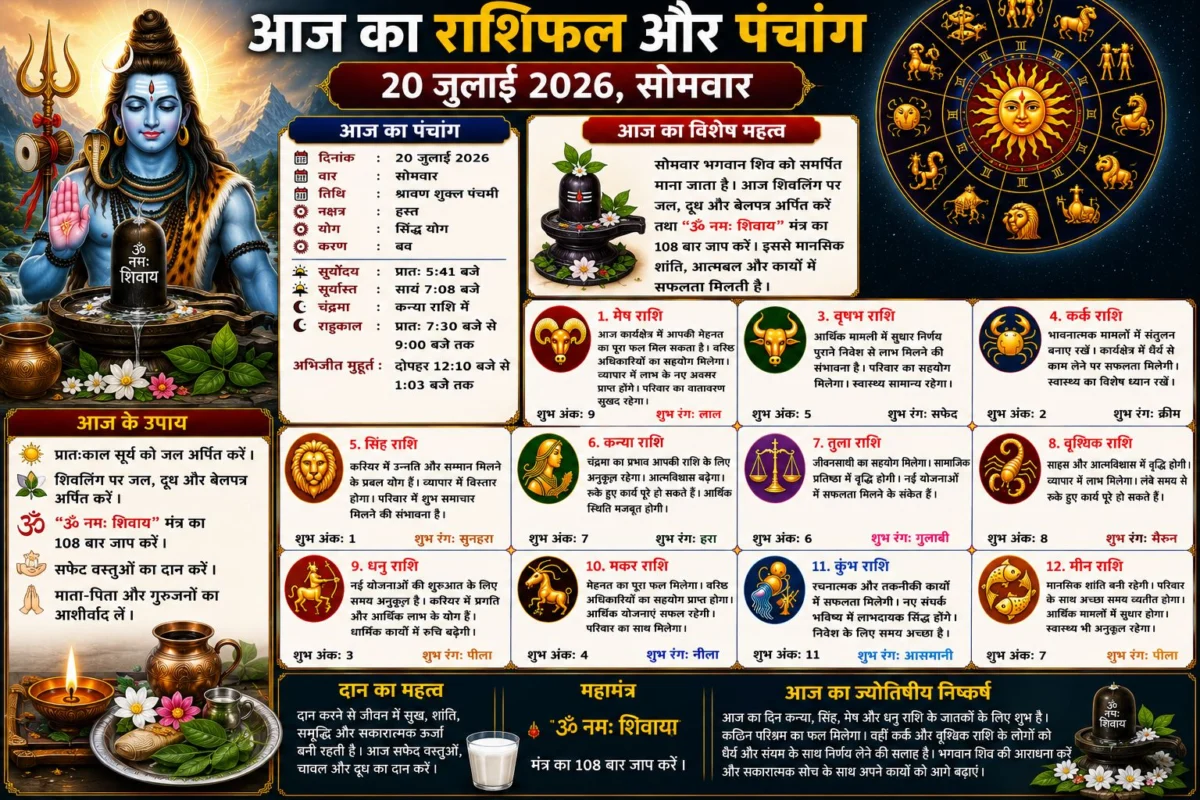 आज का राशिफल और पंचांग: 20 जुलाई 2026, सोमवार – जानें सभी 12 राशियों का विस्तृत भविष्यफल, शुभ अंक और शुभ रंग