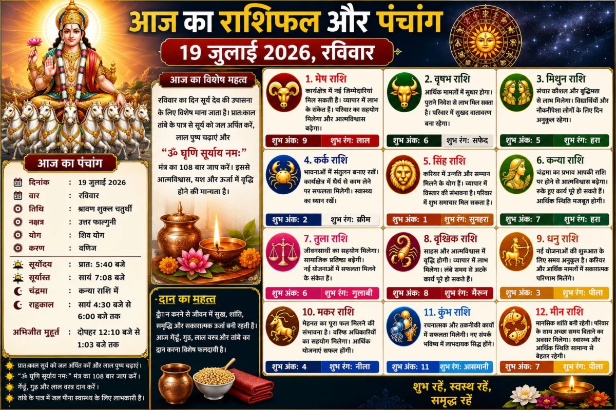 आज का राशिफल और पंचांग: 19 जुलाई 2026, रविवार – जानें सभी 12 राशियों का विस्तृत भविष्यफल, शुभ अंक और शुभ रंग