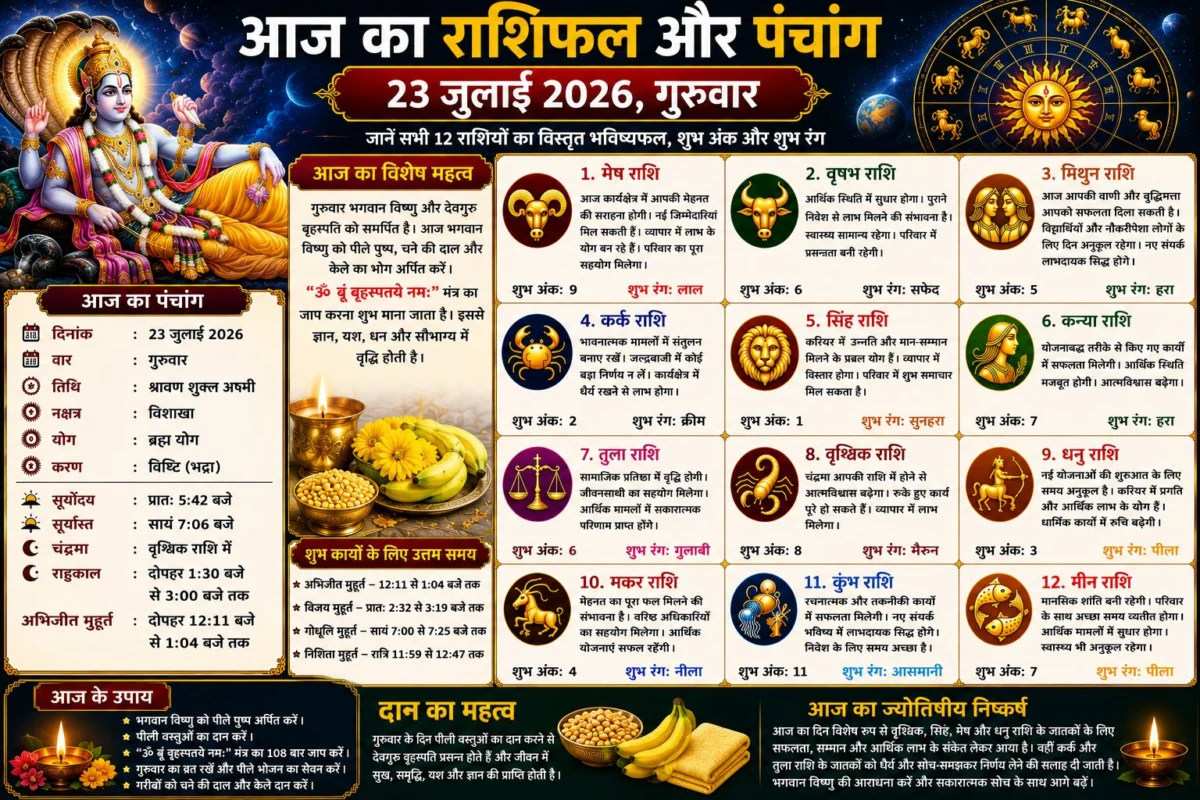 आज का राशिफल और पंचांग: 23 जुलाई 2026, गुरुवार – जानें सभी 12 राशियों का विस्तृत भविष्यफल, शुभ अंक और शुभ रंग