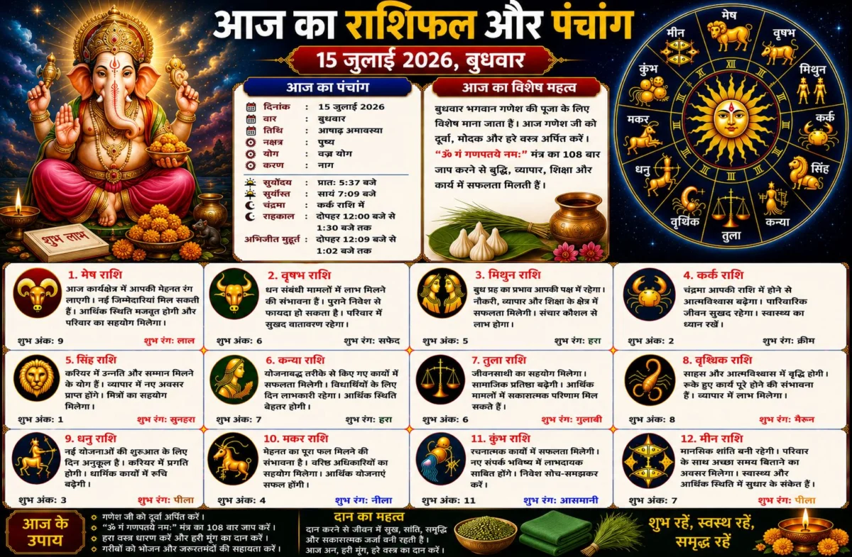 आज का राशिफल और पंचांग: 15 जुलाई 2026, बुधवार – जानें सभी 12 राशियों का विस्तृत भविष्यफल, शुभ अंक और शुभ रंग