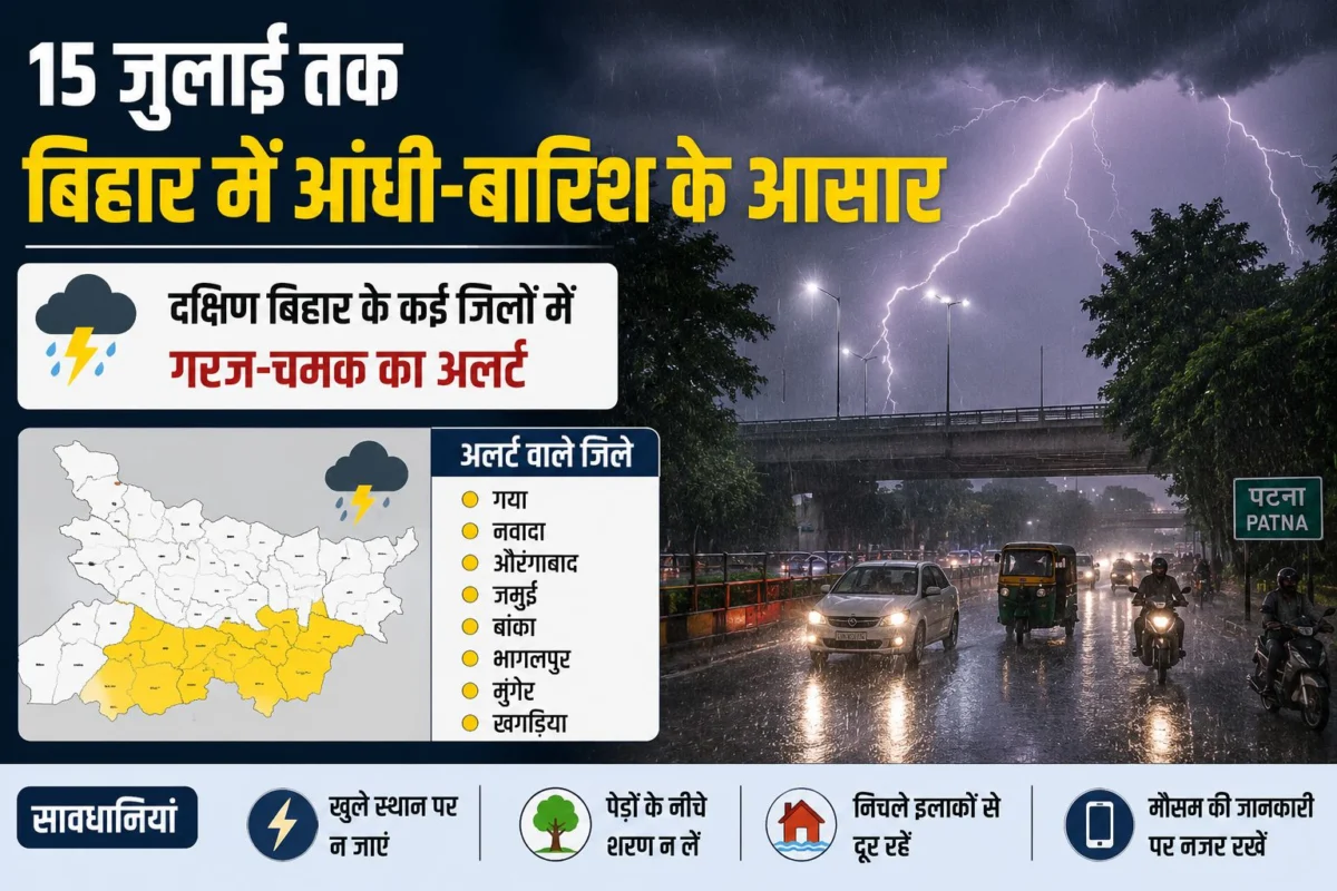 15 जुलाई तक बिहार में आंधी-बारिश के आसार, दक्षिण बिहार के कई जिलों में गरज-चमक का अलर्ट