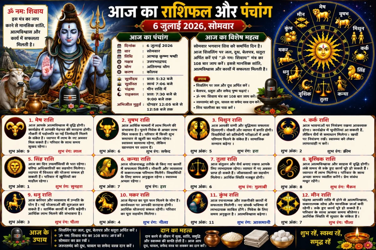 आज का राशिफल और पंचांग: 6 जुलाई 2026 का दिन किन राशियों के लिए रहेगा शुभ, जानें सभी 12 राशियों का विस्तृत भविष्यफल 1 आज का राशिफल और पंचांग: 6 जुलाई 2026 का दिन किन राशियों के लिए रहेगा शुभ, जानें सभी 12 राशियों का विस्तृत भविष्यफल