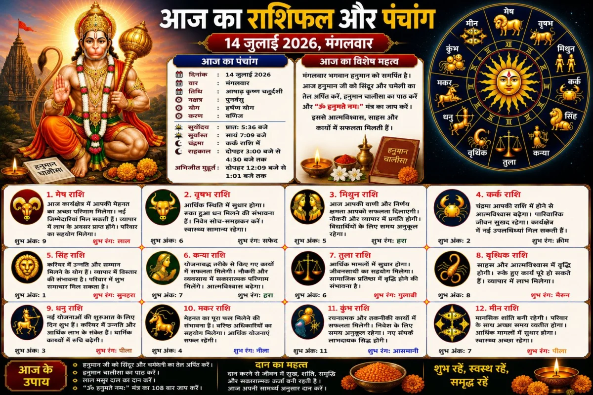 आज का राशिफल और पंचांग: 14 जुलाई 2026, मंगलवार – जानें सभी 12 राशियों का विस्तृत भविष्यफल, शुभ अंक और शुभ रंग