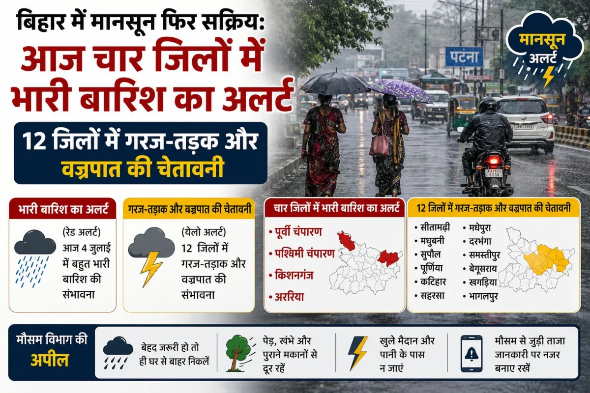 बिहार में मानसून फिर सक्रिय: आज चार जिलों में भारी बारिश का अलर्ट, 12 जिलों में गरज-तड़क और वज्रपात की चेतावनी