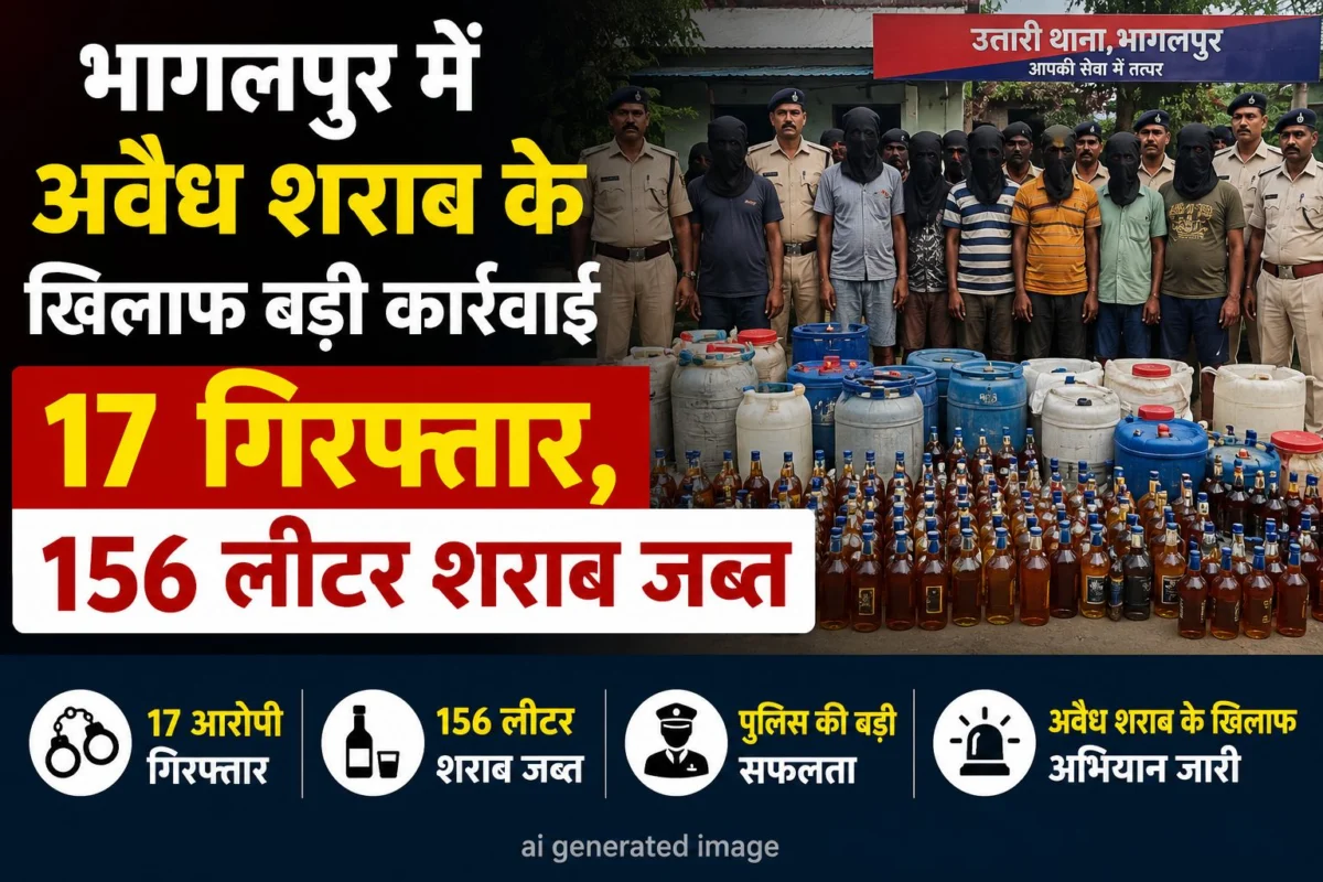 भागलपुर में अवैध शराब के खिलाफ बड़ी कार्रवाई, 17 गिरफ्तार, 156 लीटर शराब जब्त