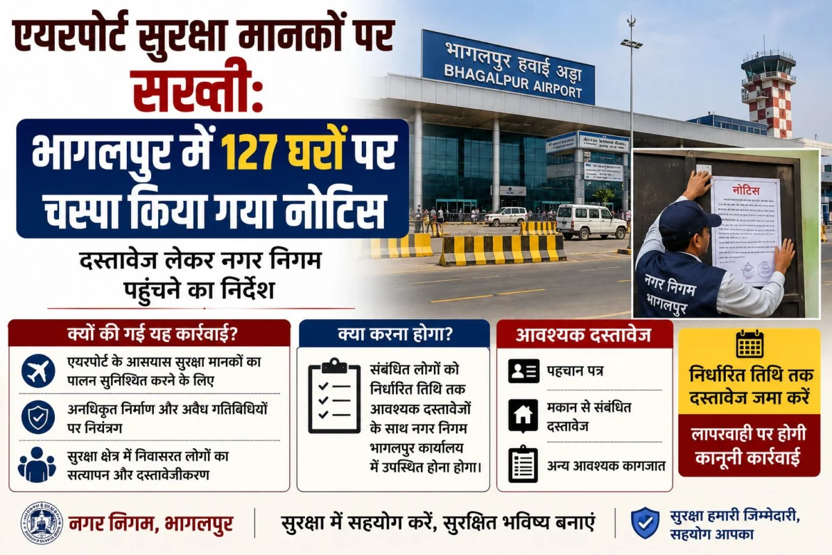एयरपोर्ट सुरक्षा मानकों पर सख्ती: भागलपुर में 127 घरों पर चस्पा किया गया नोटिस, दस्तावेज लेकर नगर निगम पहुंचने का निर्देश 1 एयरपोर्ट सुरक्षा मानकों पर सख्ती: भागलपुर में 127 घरों पर चस्पा किया गया नोटिस, दस्तावेज लेकर नगर निगम पहुंचने का निर्देश