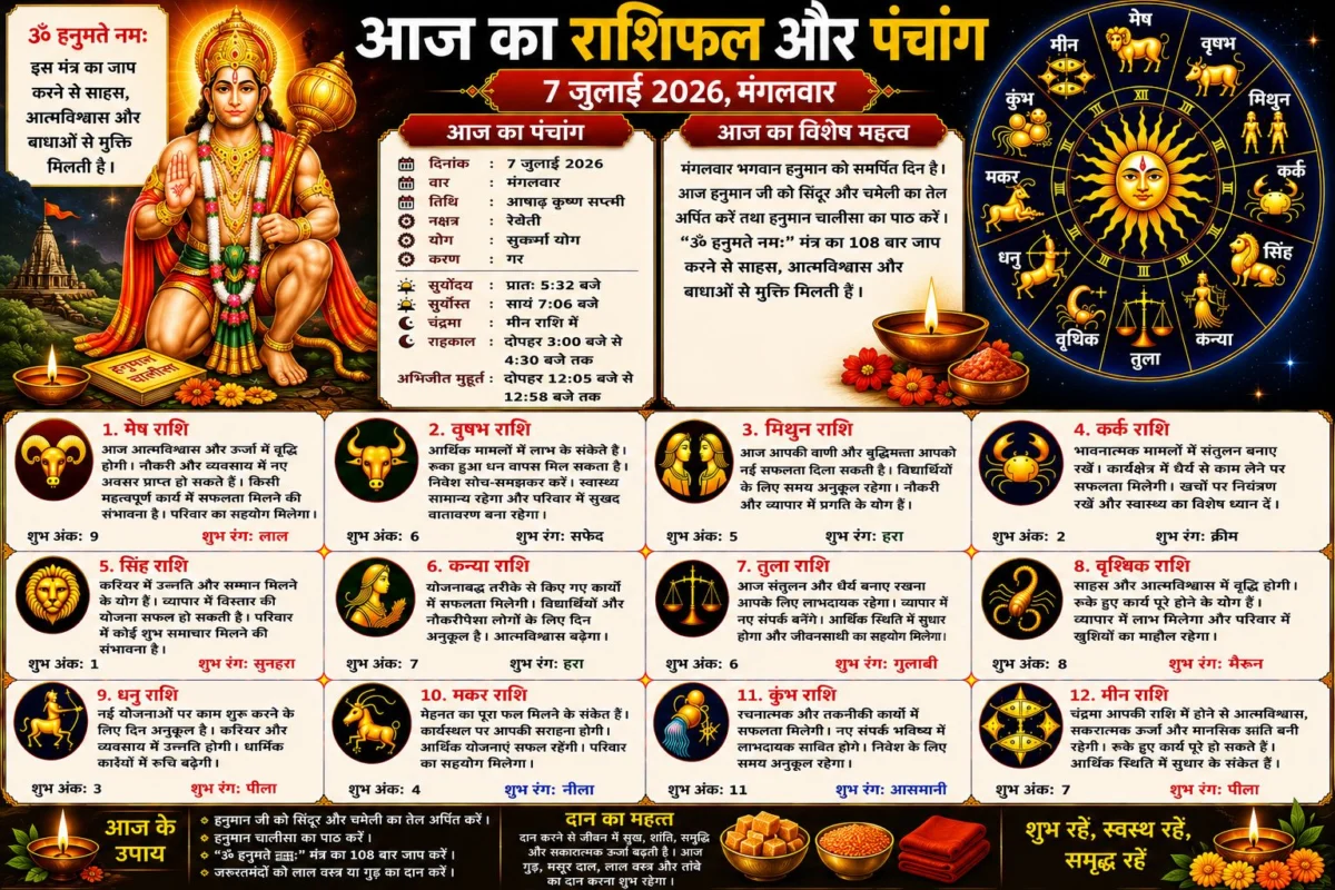 आज का राशिफल और पंचांग: 7 जुलाई 2026 का दिन किन राशियों के लिए रहेगा शुभ, जानें सभी 12 राशियों का विस्तृत भविष्यफल