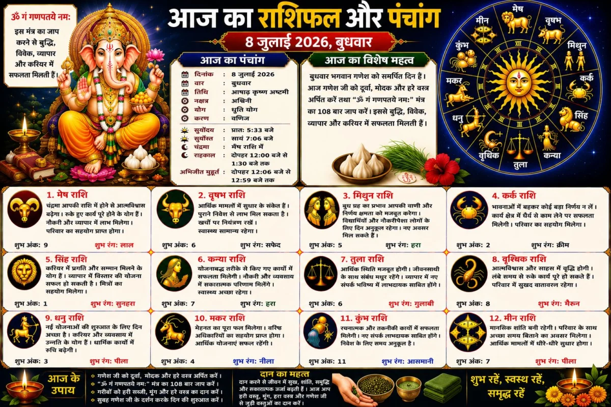 आज का राशिफल और पंचांग: 8 जुलाई 2026 का दिन किन राशियों के लिए रहेगा शुभ, जानें सभी 12 राशियों का विस्तृत भविष्यफल