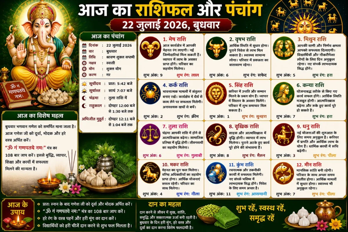 आज का राशिफल और पंचांग: 22 जुलाई 2026, बुधवार – जानें सभी 12 राशियों का विस्तृत भविष्यफल, शुभ अंक और शुभ रंग