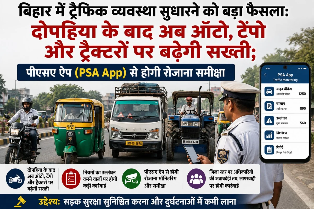 बिहार में ट्रैफिक व्यवस्था सुधारने को बड़ा फैसला: दोपहिया के बाद अब ऑटो, टेंपो और ट्रैक्टरों पर बढ़ेगी सख्ती; पीएसए ऐप (PSA App) से होगी रोजाना समीक्षा