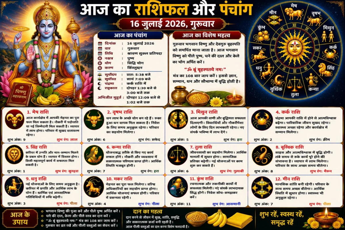 आज का राशिफल और पंचांग: 16 जुलाई 2026, गुरुवार – जानें सभी 12 राशियों का विस्तृत भविष्यफल, शुभ अंक और शुभ रंग